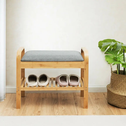 Shoe Rack Bench Bamboo with Storage Shelf-Natural - Natural - Shoe Racks & Storage Benches