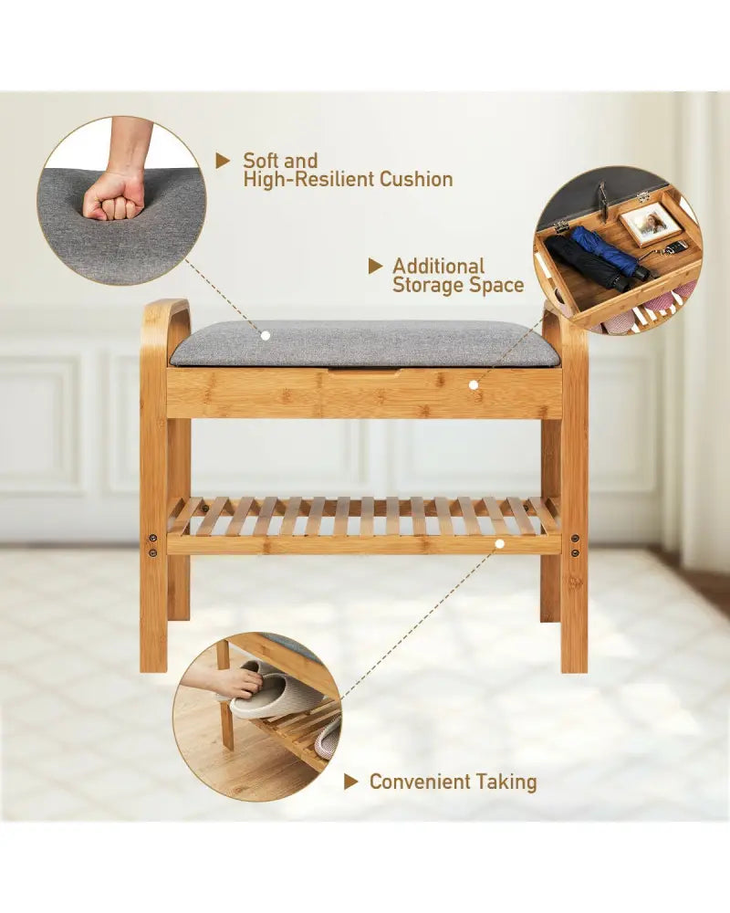 Shoe Rack Bench Bamboo with Storage Shelf-Natural - Natural - Shoe Racks & Storage Benches