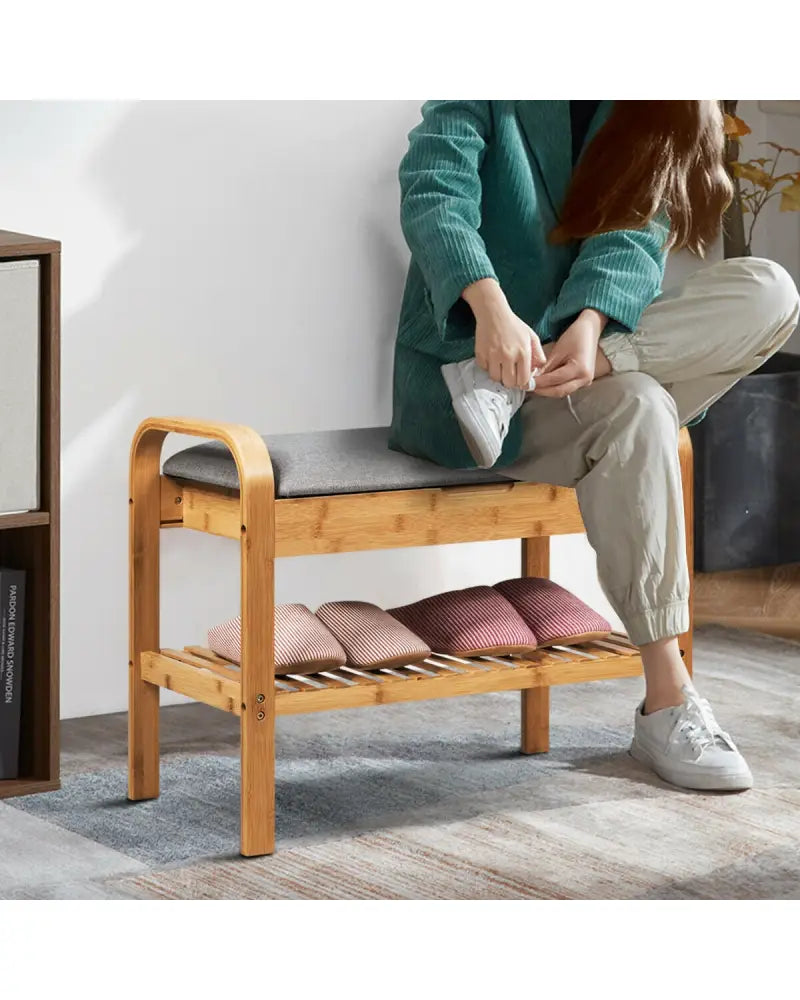 Shoe Rack Bench Bamboo with Storage Shelf-Natural - Natural - Shoe Racks & Storage Benches