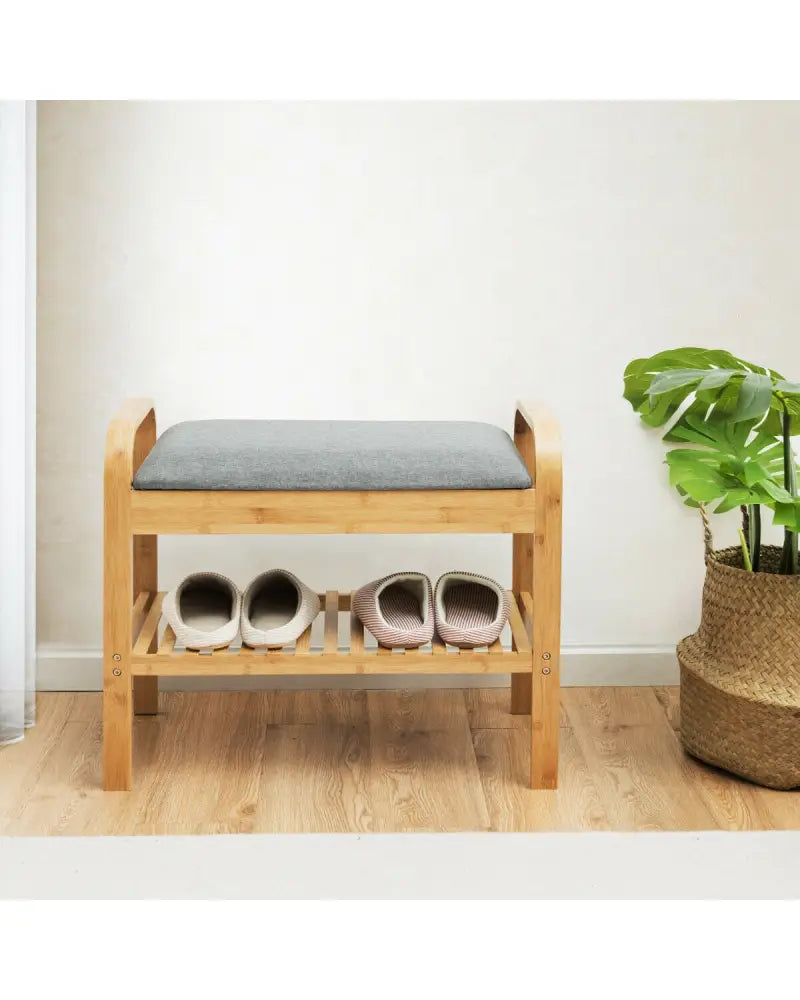 Shoe Rack Bench Bamboo with Storage Shelf-Natural - Natural - Shoe Racks & Storage Benches