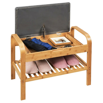 Shoe Rack Bench Bamboo with Storage Shelf-Natural - Natural - Shoe Racks & Storage Benches