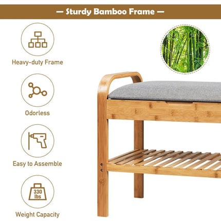 Shoe Rack Bench Bamboo with Storage Shelf-Natural - Natural - Shoe Racks & Storage Benches