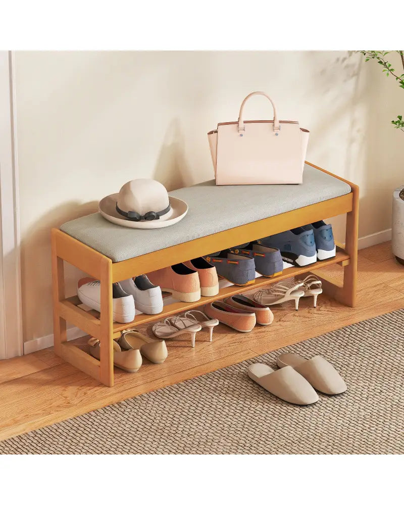 Shoe Rack Bench with Storage 2-Tier Rubberwood Entryway Bench with Flip-Open Storage-Beige - Beige - Shoe Racks &