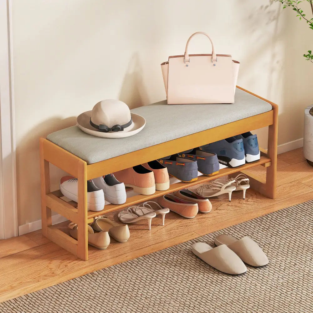 Shoe Rack Bench with Storage 2-Tier Rubberwood Entryway Bench with Flip-Open Storage-Beige - Beige - Shoe Racks &