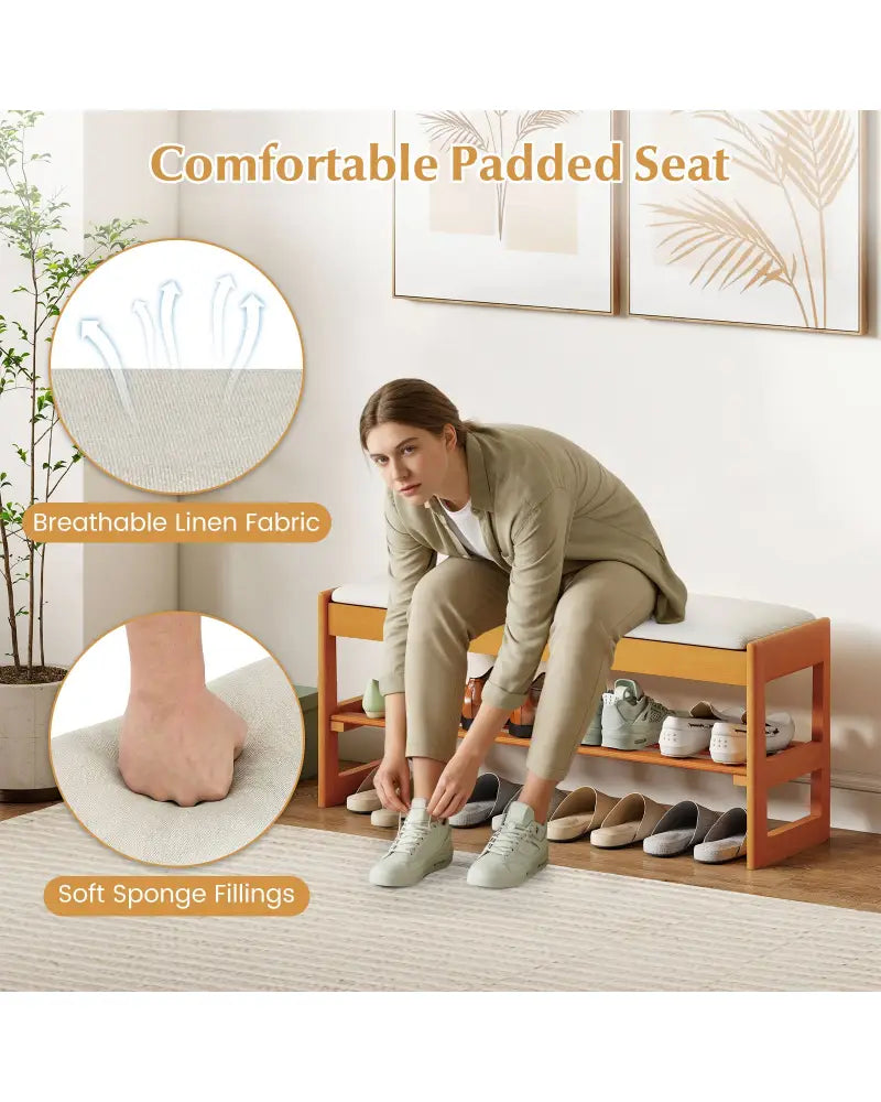 Shoe Rack Bench with Storage 2-Tier Rubberwood Entryway Bench with Flip-Open Storage-Beige - Beige - Shoe Racks &
