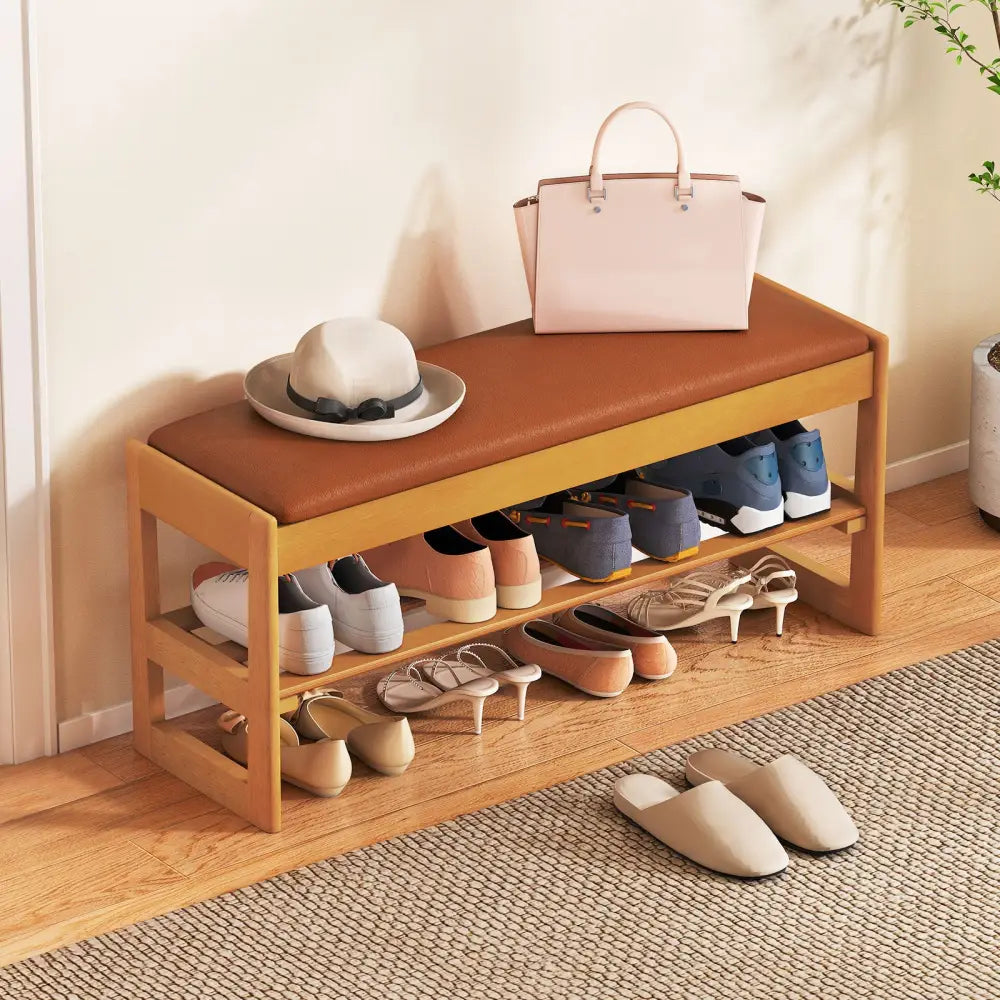 Shoe Rack Bench with Storage 2-Tier Rubberwood Entryway Bench with Flip-Open Storage-Brown - Brown - Shoe Racks &