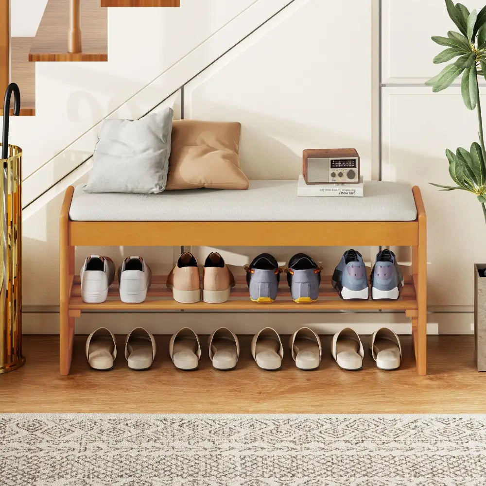 Shoe Rack Bench with Storage 2-Tier Rubberwood Entryway Bench with Flip-Open Storage-Beige - Beige - Shoe Racks &
