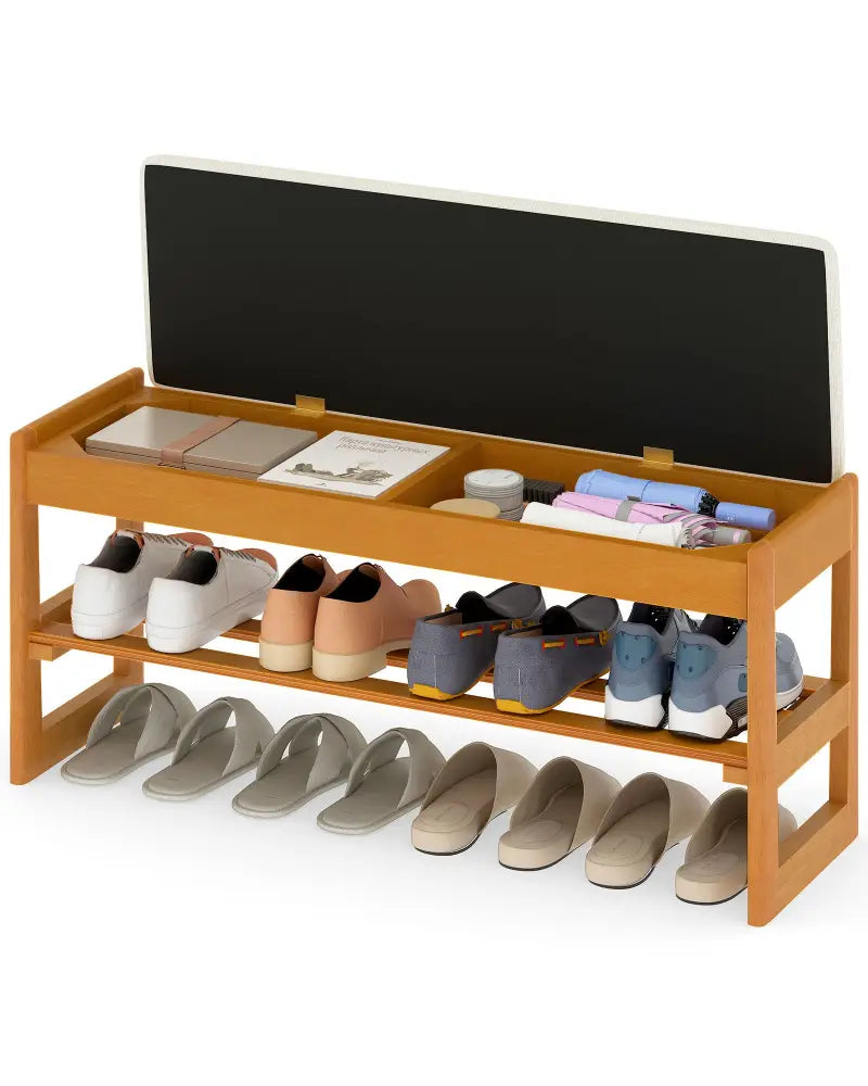 Shoe Rack Bench with Storage 2-Tier Rubberwood Entryway Bench with Flip-Open Storage-Beige - Beige - Shoe Racks &