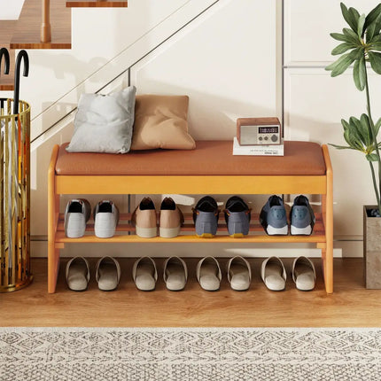 Shoe Rack Bench with Storage 2-Tier Rubberwood Entryway Bench with Flip-Open Storage-Brown - Brown - Shoe Racks &