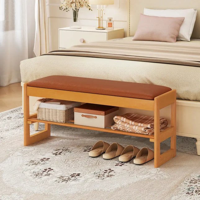 Shoe Rack Bench with Storage 2-Tier Rubberwood Entryway Bench with Flip-Open Storage-Brown - Brown - Shoe Racks &