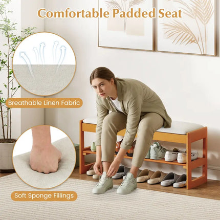 Shoe Rack Bench with Storage 2-Tier Rubberwood Entryway Bench with Flip-Open Storage-Beige - Beige - Shoe Racks &