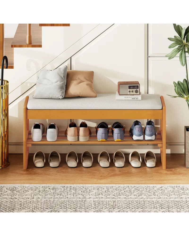 Shoe Rack Bench with Storage 2-Tier Rubberwood Entryway Bench with Flip-Open Storage-Beige - Beige - Shoe Racks &