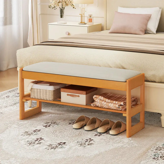 Shoe Rack Bench with Storage 2-Tier Rubberwood Entryway Bench with Flip-Open Storage-Beige - Beige - Shoe Racks &