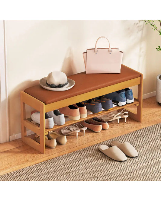 Shoe Rack Bench with Storage 2-Tier Rubberwood Entryway Bench with Flip-Open Storage-Brown - Brown - Shoe Racks &