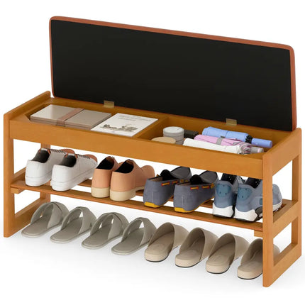 Shoe Rack Bench with Storage 2-Tier Rubberwood Entryway Bench with Flip-Open Storage-Brown - Brown - Shoe Racks &