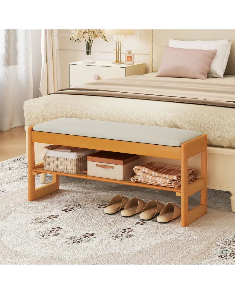 Shoe Rack Bench with Storage 2-Tier Rubberwood Entryway Bench with Flip-Open Storage-Beige - Beige - Shoe Racks &
