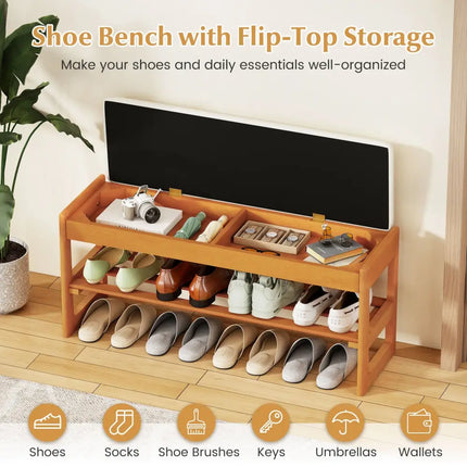 Shoe Rack Bench with Storage 2-Tier Rubberwood Entryway Bench with Flip-Open Storage-Beige - Beige - Shoe Racks &