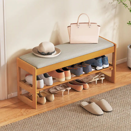 Shoe Rack Bench with Storage 2-Tier Rubberwood Entryway Bench with Flip-Open Storage-Beige - Beige - Shoe Racks &