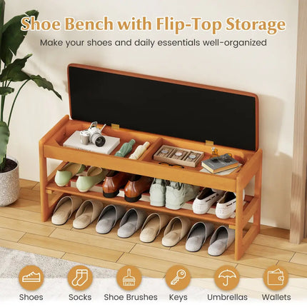 Shoe Rack Bench with Storage 2-Tier Rubberwood Entryway Bench with Flip-Open Storage-Brown - Brown - Shoe Racks &