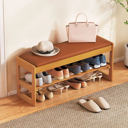 Shoe Rack Bench with Storage 2-Tier Rubberwood Entryway Bench with Flip-Open Storage-Brown - Brown - Shoe Racks &