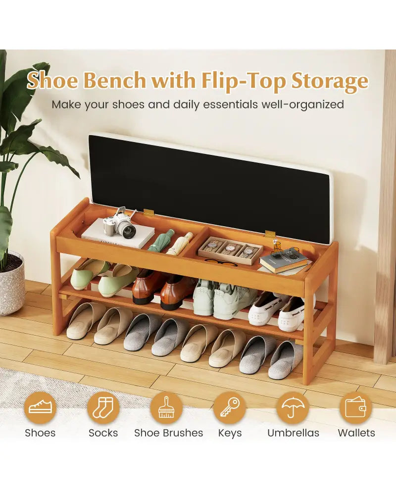 Shoe Rack Bench with Storage 2-Tier Rubberwood Entryway Bench with Flip-Open Storage-Beige - Beige - Shoe Racks &