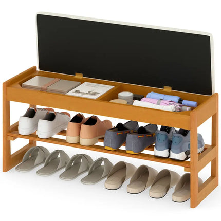 Shoe Rack Bench with Storage 2-Tier Rubberwood Entryway Bench with Flip-Open Storage-Beige - Beige - Shoe Racks &