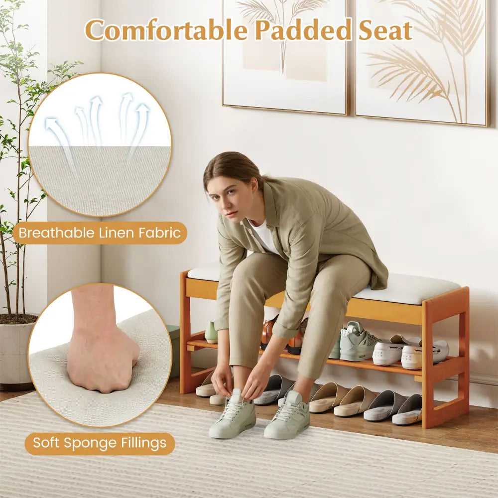 Shoe Rack Bench with Storage 2-Tier Rubberwood Entryway Bench with Flip-Open Storage-Beige - Beige - Shoe Racks &