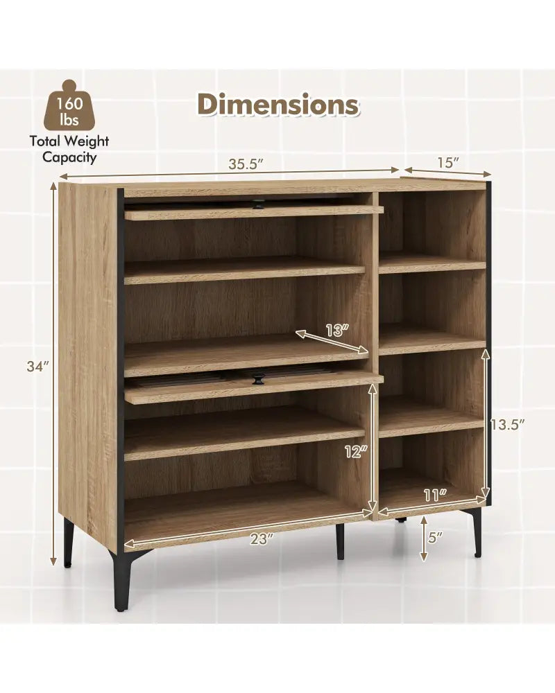 Shoe Rack Organizer with Flip-up See-through Doors and Adjustable Shelves-Oak - Oak - Shoe Racks & Storage Benches
