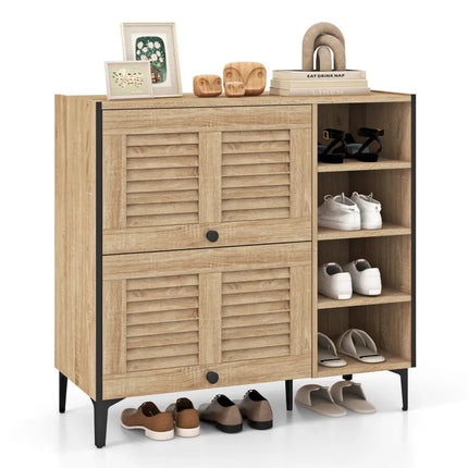 Shoe Rack Organizer with Flip-up See-through Doors and Adjustable Shelves-Oak - Oak - Shoe Racks & Storage Benches