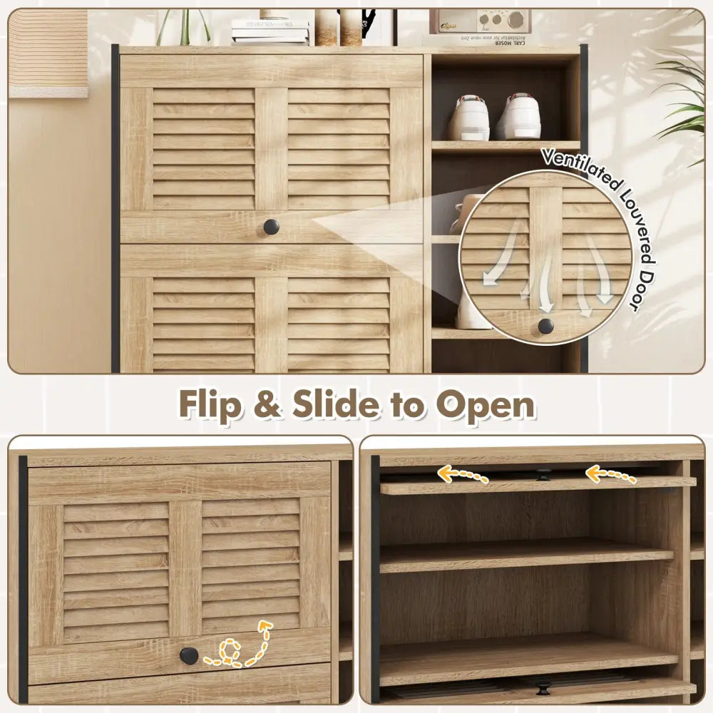 Shoe Rack Organizer with Flip-up See-through Doors and Adjustable Shelves-Oak - Oak - Shoe Racks & Storage Benches
