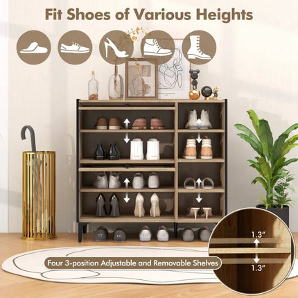 Shoe Rack Organizer with Flip-up See-through Doors and Adjustable Shelves-Oak - Oak - Shoe Racks & Storage Benches