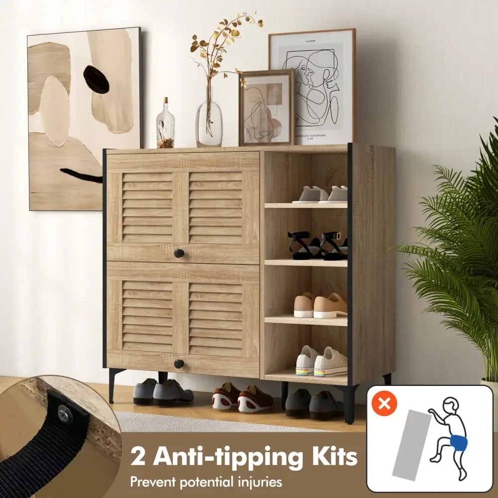 Shoe Rack Organizer with Flip-up See-through Doors and Adjustable Shelves-Oak - Oak - Shoe Racks & Storage Benches