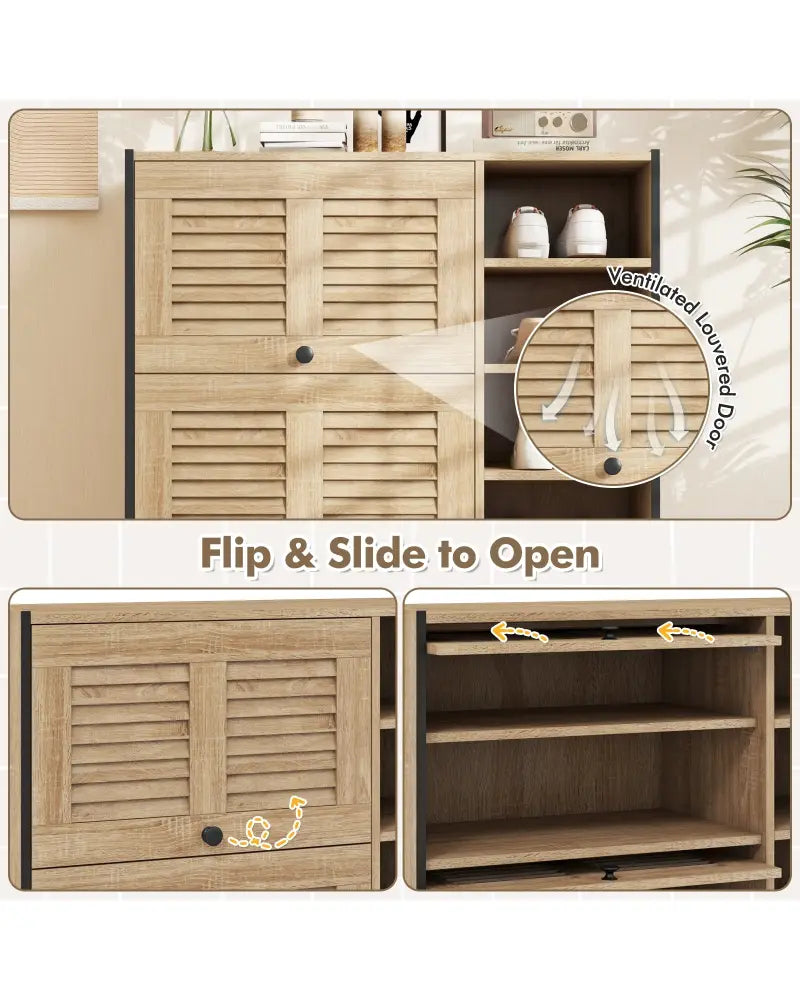 Shoe Rack Organizer with Flip-up See-through Doors and Adjustable Shelves-Oak - Oak - Shoe Racks & Storage Benches