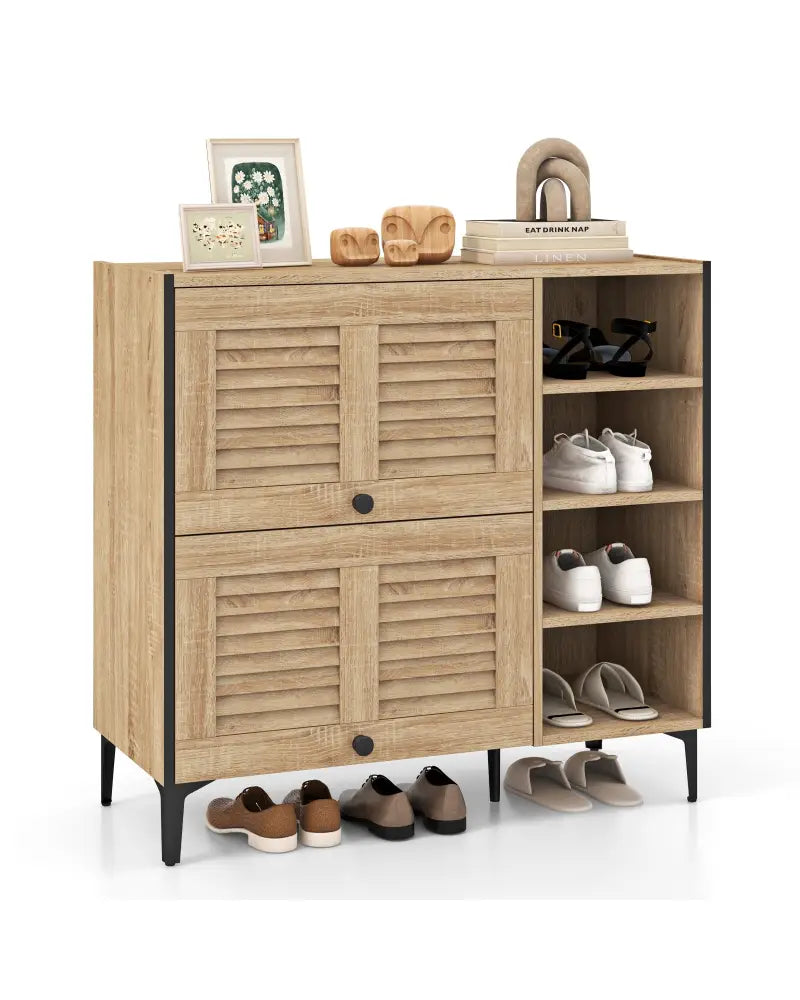 Shoe Rack Organizer with Flip-up See-through Doors and Adjustable Shelves-Oak - Oak - Shoe Racks & Storage Benches
