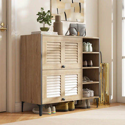 Shoe Rack Organizer with Flip-up See-through Doors and Adjustable Shelves-Oak - Oak - Shoe Racks & Storage Benches