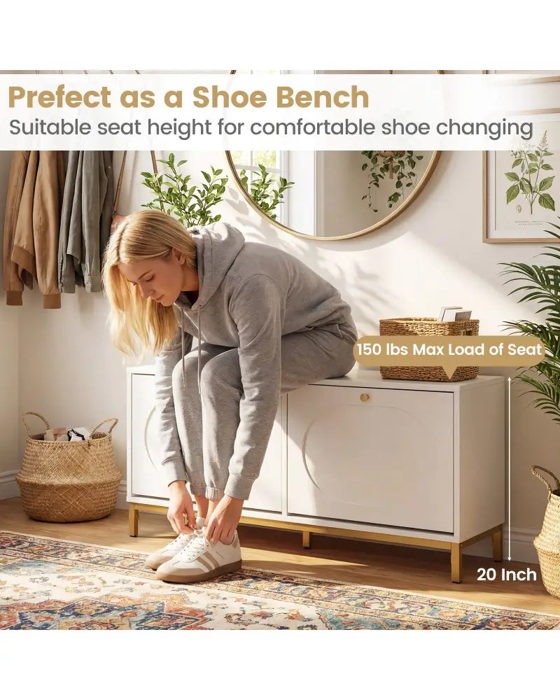 Shoe Storage Bench Narrow Entryway Bench with 2 Flip Drawers Adjustable Shelves-White - White - Shoe Racks & Storage