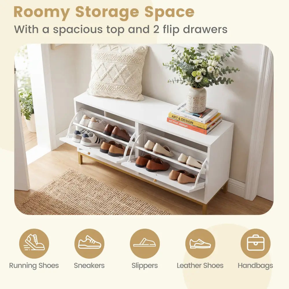 Shoe Storage Bench Narrow Entryway Bench with 2 Flip Drawers Adjustable Shelves-White - White - Shoe Racks & Storage