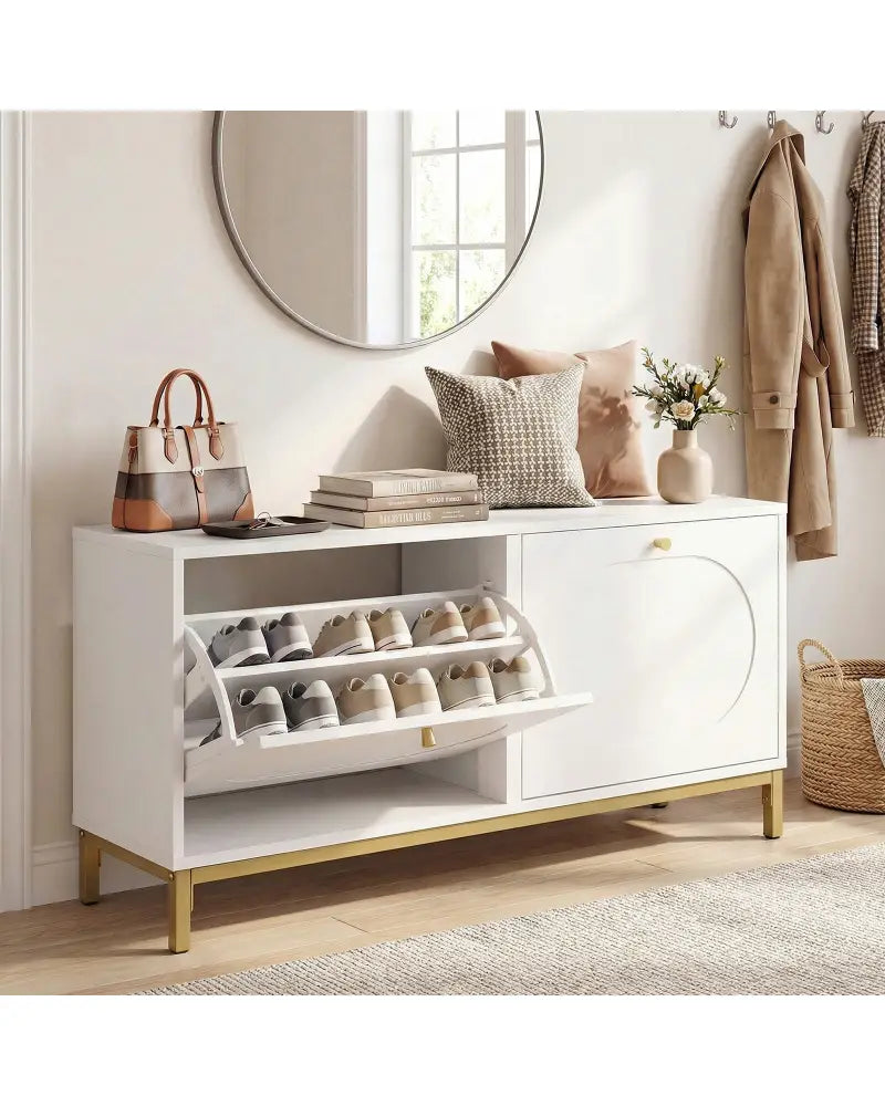 Shoe Storage Bench Narrow Entryway Bench with 2 Flip Drawers Adjustable Shelves-White - White - Shoe Racks & Storage