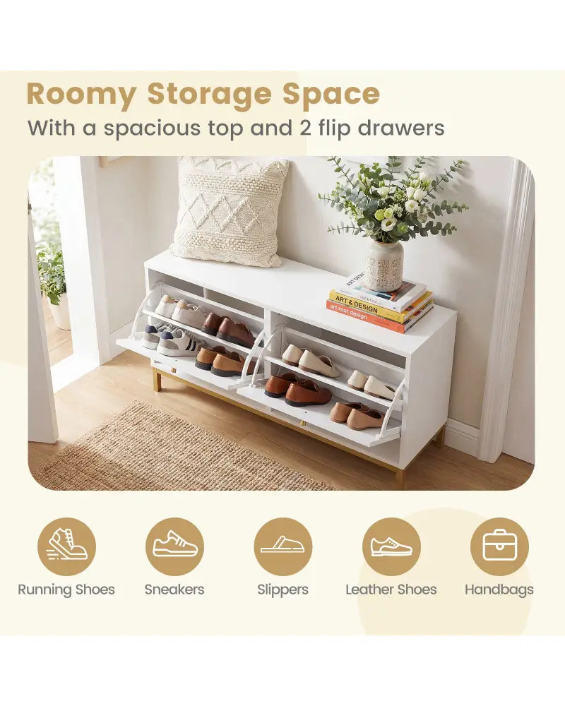 Shoe Storage Bench Narrow Entryway Bench with 2 Flip Drawers Adjustable Shelves-White - White - Shoe Racks & Storage