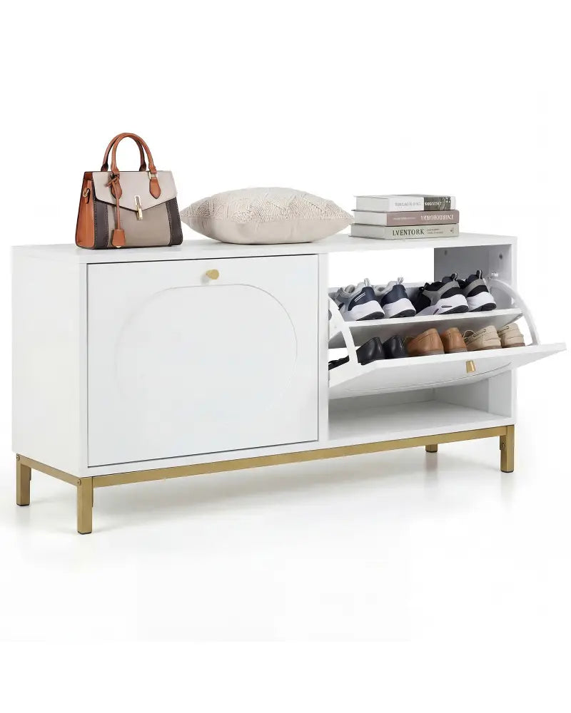 Shoe Storage Bench Narrow Entryway Bench with 2 Flip Drawers Adjustable Shelves-White - White - Shoe Racks & Storage