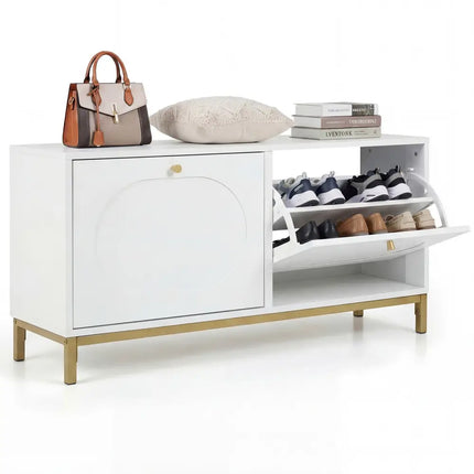 Shoe Storage Bench Narrow Entryway Bench with 2 Flip Drawers Adjustable Shelves-White - White - Shoe Racks & Storage