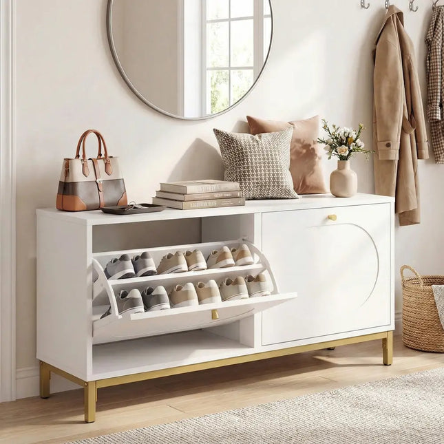 Shoe Storage Bench Narrow Entryway Bench with 2 Flip Drawers Adjustable Shelves-White - White - Shoe Racks & Storage