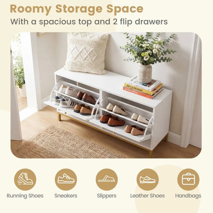 Shoe Storage Bench Narrow Entryway Bench with 2 Flip Drawers Adjustable Shelves-White - White - Shoe Racks & Storage