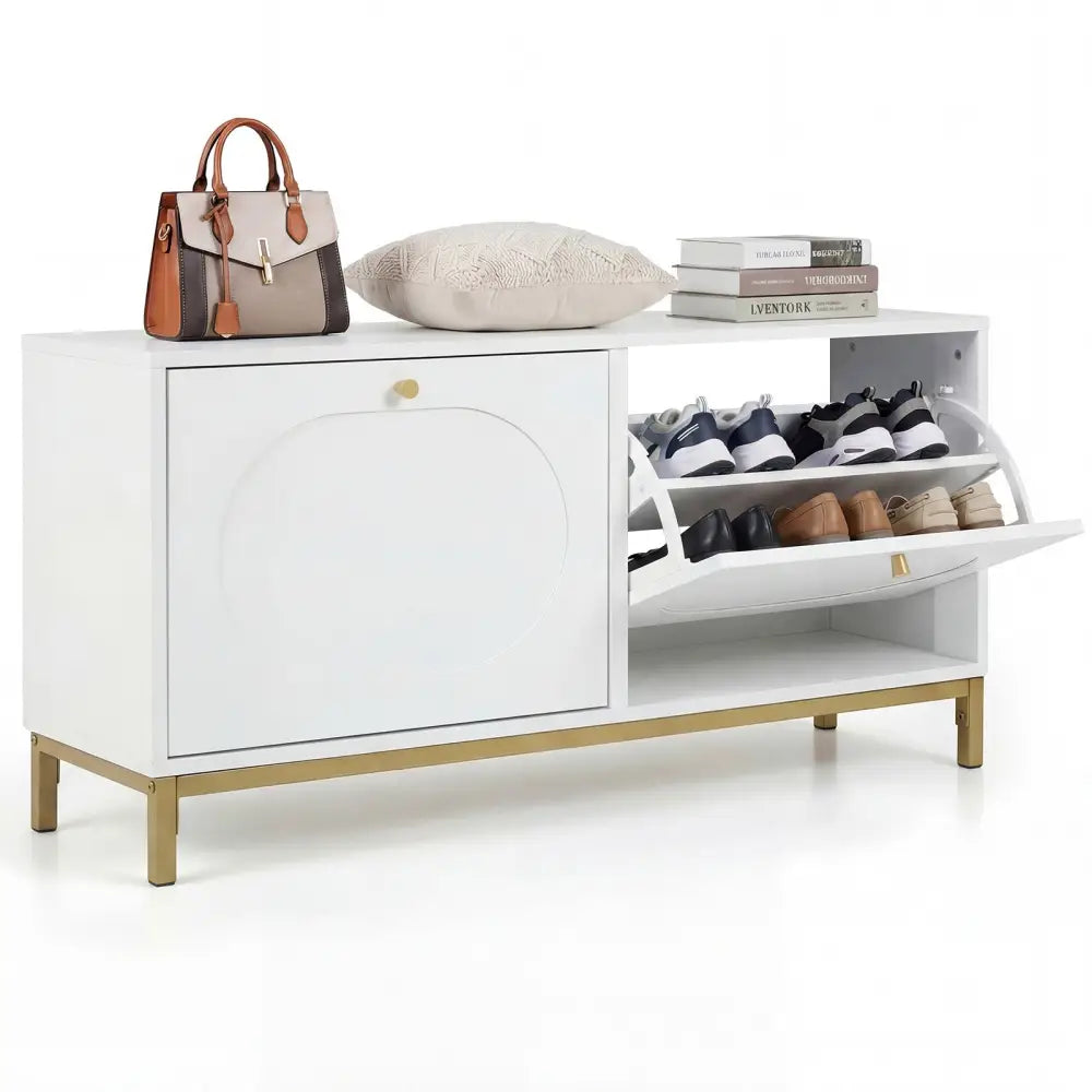 Shoe Storage Bench Narrow Entryway Bench with 2 Flip Drawers Adjustable Shelves-White - White - Shoe Racks & Storage