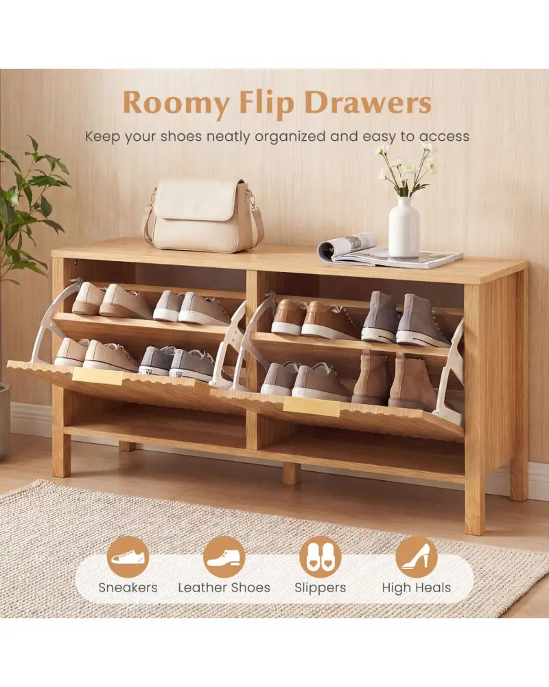 Shoe Storage Bench Narrow Wooden Entryway Bench with 2 Flip Drawers-Brown - Brown - Shoe Racks & Storage Benches