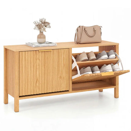 Shoe Storage Bench Narrow Wooden Entryway Bench with 2 Flip Drawers-Brown - Brown - Shoe Racks & Storage Benches