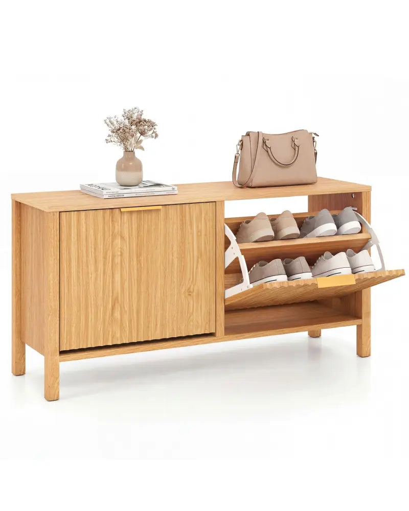 Shoe Storage Bench Narrow Wooden Entryway Bench with 2 Flip Drawers-Brown - Brown - Shoe Racks & Storage Benches