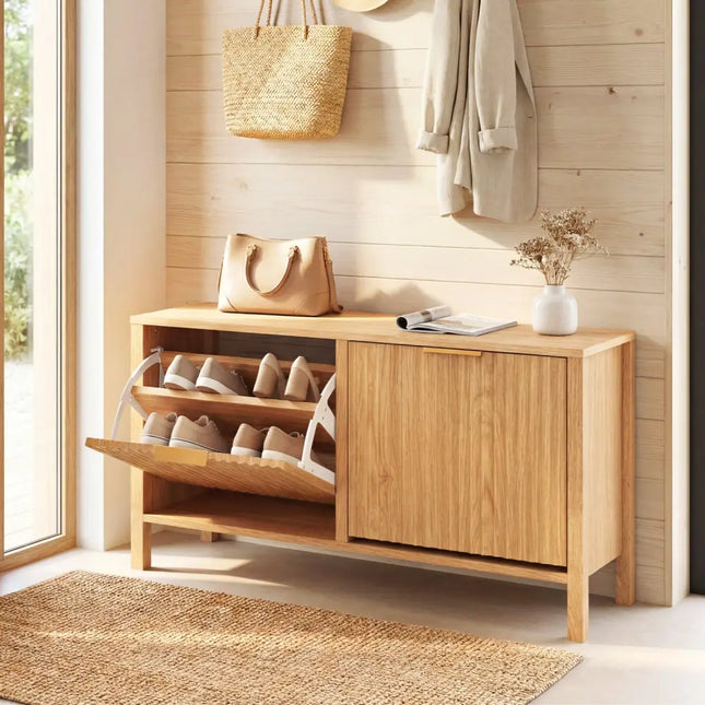 Shoe Storage Bench Narrow Wooden Entryway Bench with 2 Flip Drawers-Brown - Brown - Shoe Racks & Storage Benches