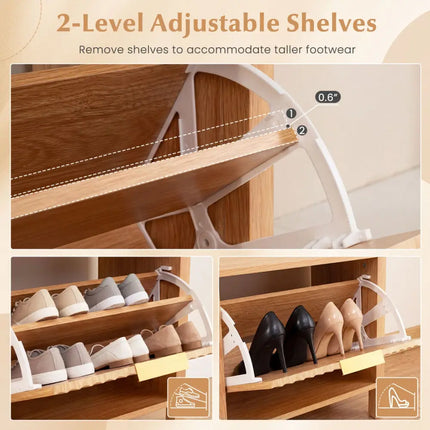 Shoe Storage Bench Narrow Wooden Entryway Bench with 2 Flip Drawers-Brown - Brown - Shoe Racks & Storage Benches