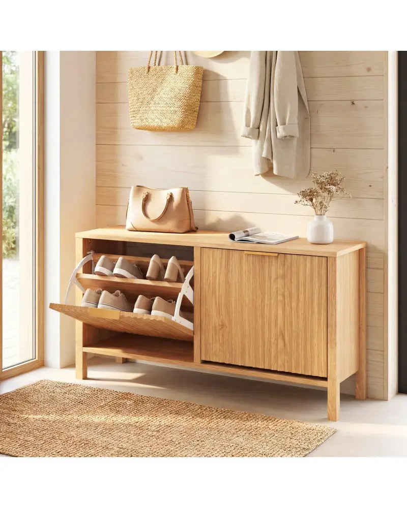 Shoe Storage Bench Narrow Wooden Entryway Bench with 2 Flip Drawers-Brown - Brown - Shoe Racks & Storage Benches